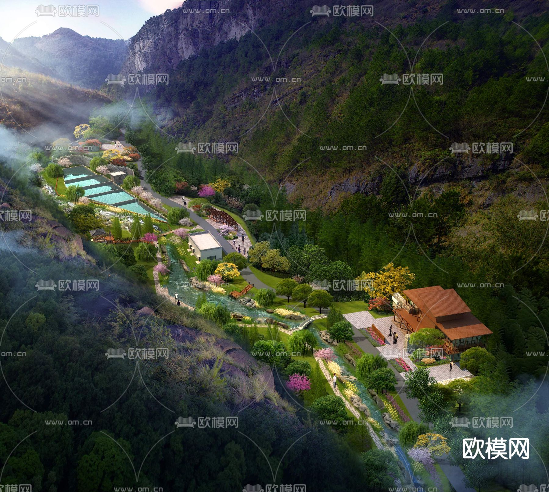 现代湿地园林鸟瞰psd下载_ID12098312_3dmax免费模型-欧模网