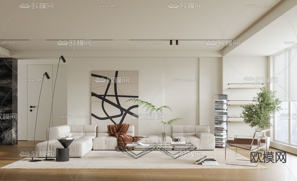 现代奶油风客厅3d模型下载_ID12097412_3dmax免费模型-欧模网