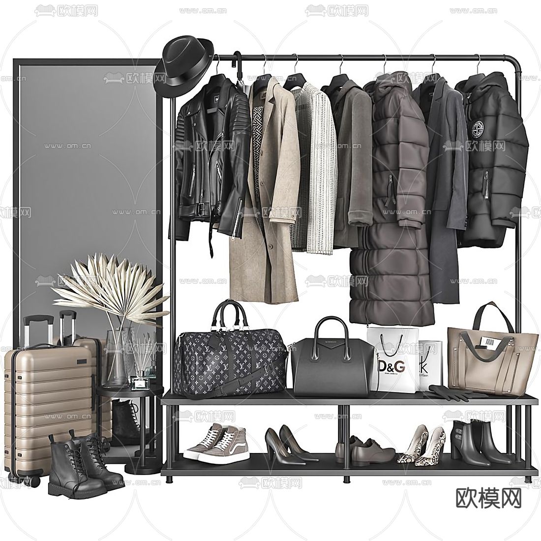 现代衣帽架服饰包包组合su模型