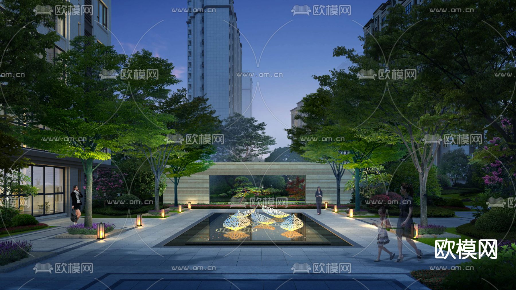 现代小区公园园林夜景psd下载