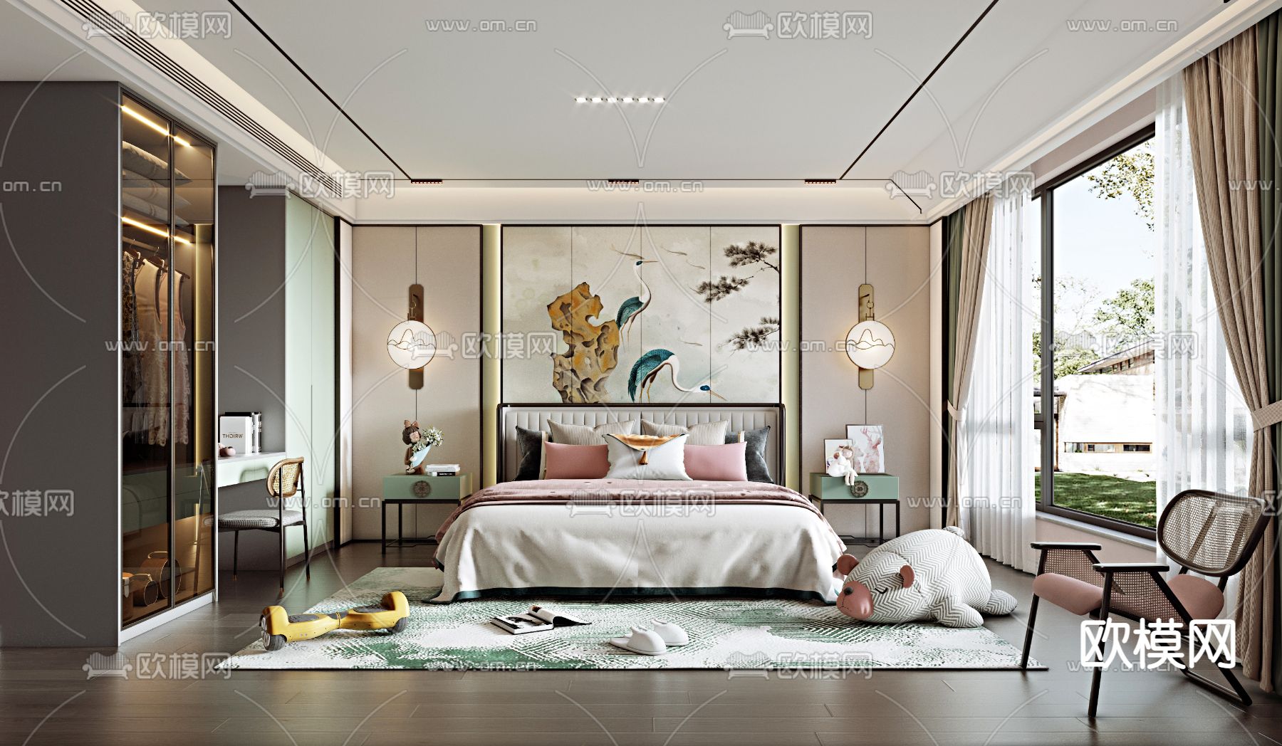 新中式儿童房女孩房3d模型下载（渲染图1）