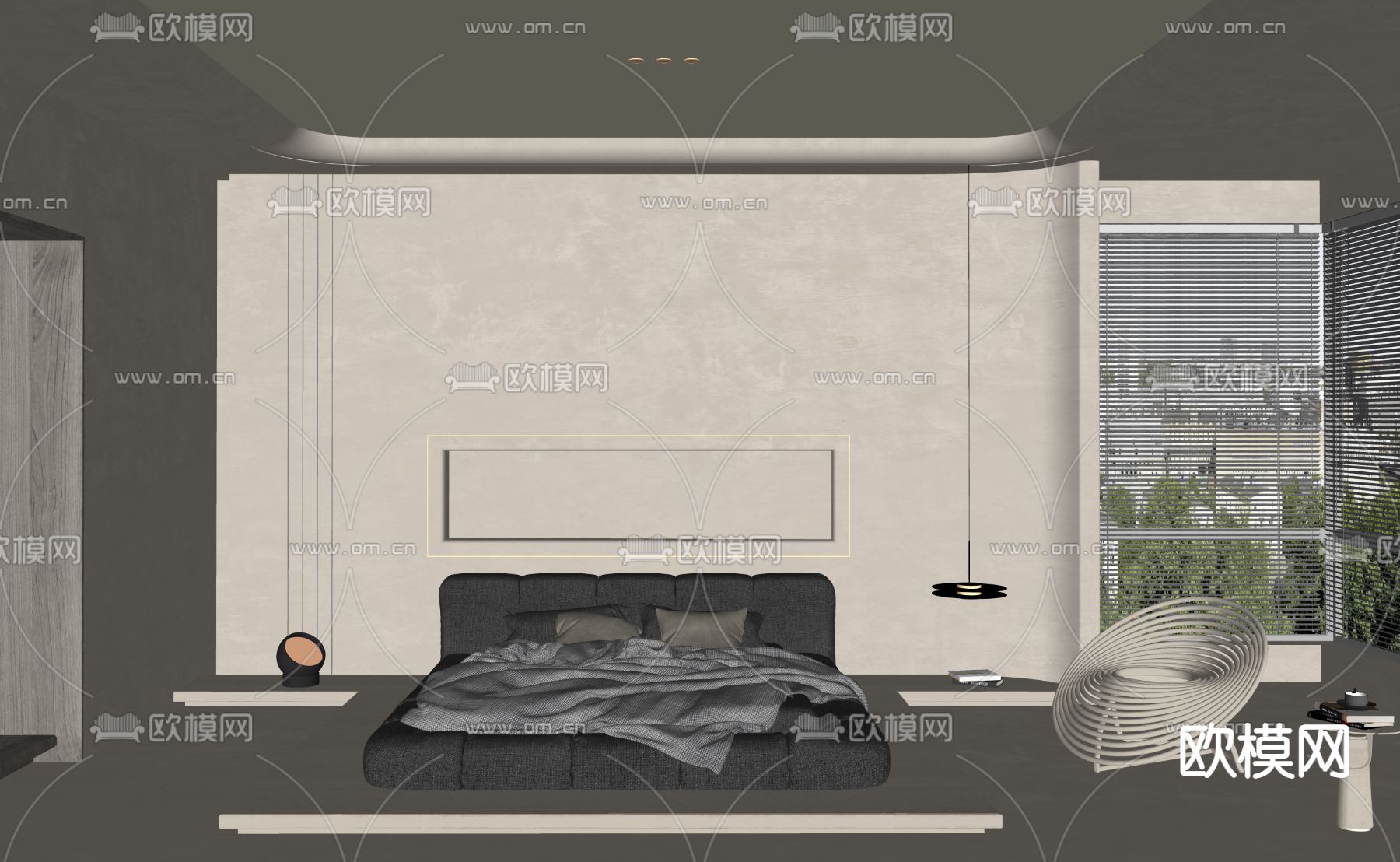 现代极简卧室su模型下载（渲染图2）