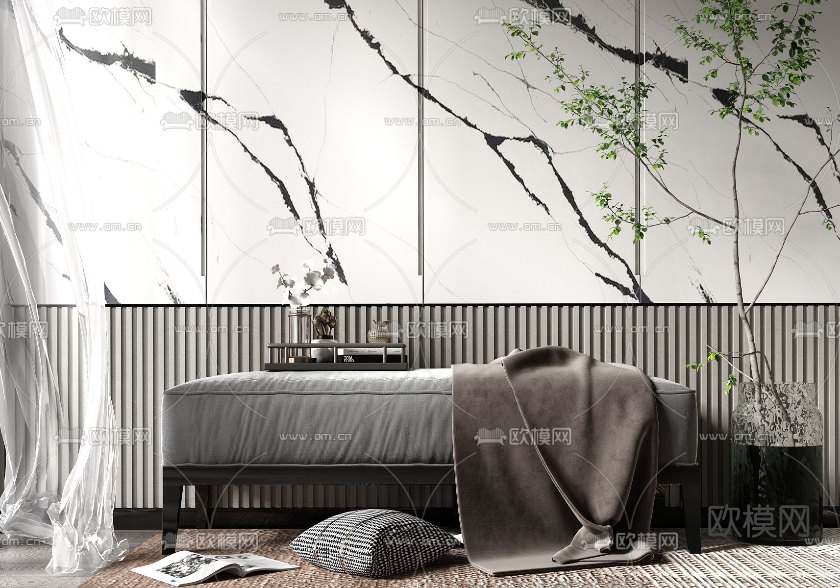 现代灰色床尾凳脚踏su模型下载（渲染图1）