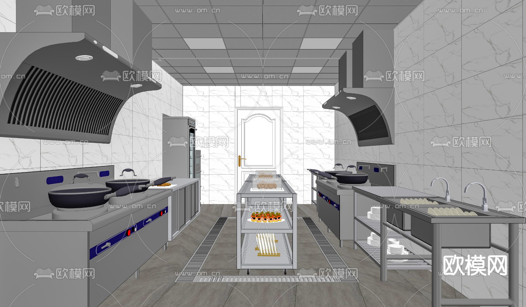 现代酒店中央厨房后厨3d模型下载（渲染图2）