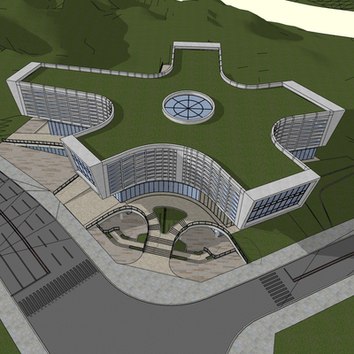  现代展览馆鸟瞰su模型 