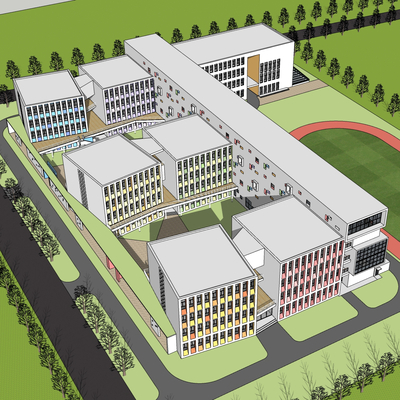  现代小学鸟瞰su模型 