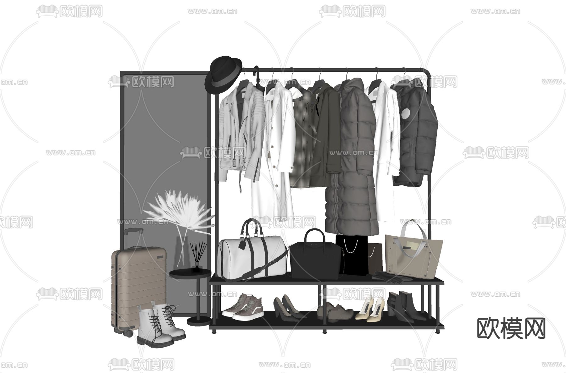 现代衣帽架服饰包包组合su模型
