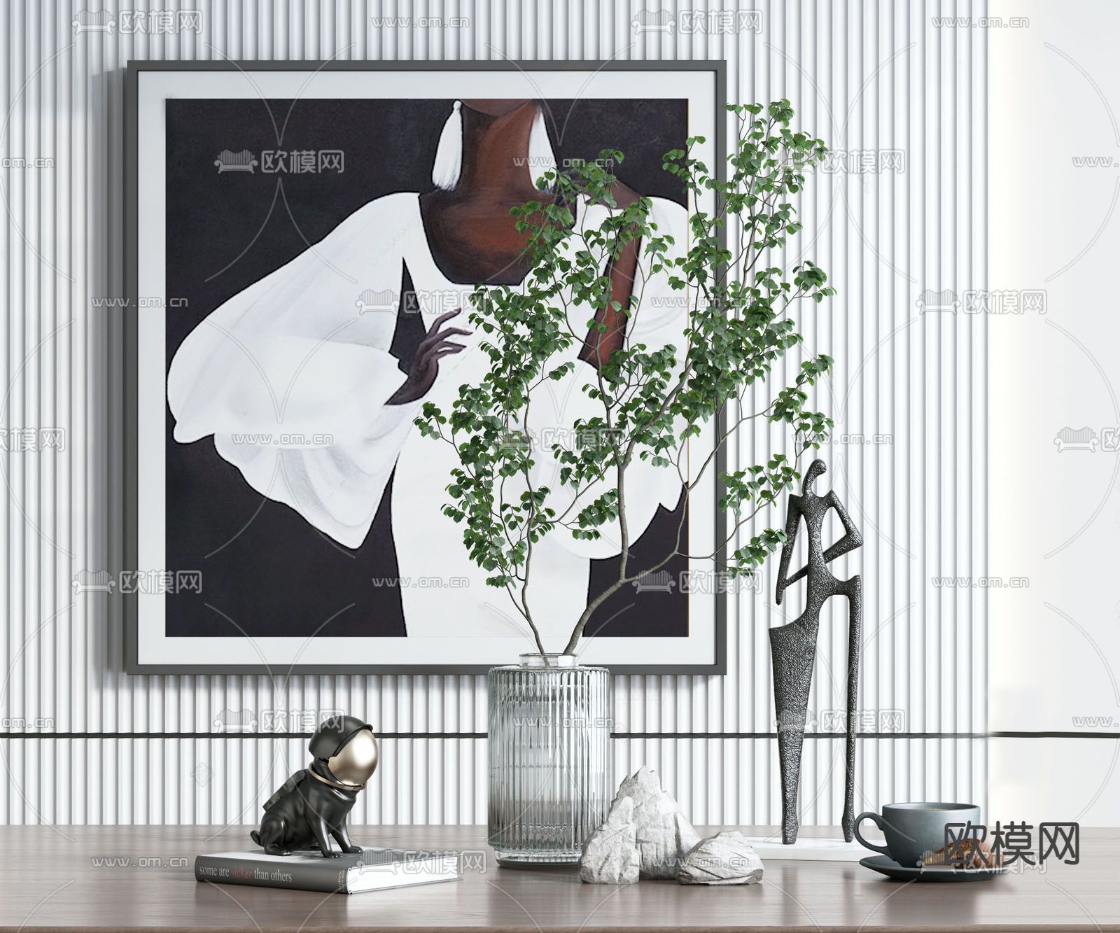 现代书籍挂画花瓶饰品摆件su模型下载（渲染图1）