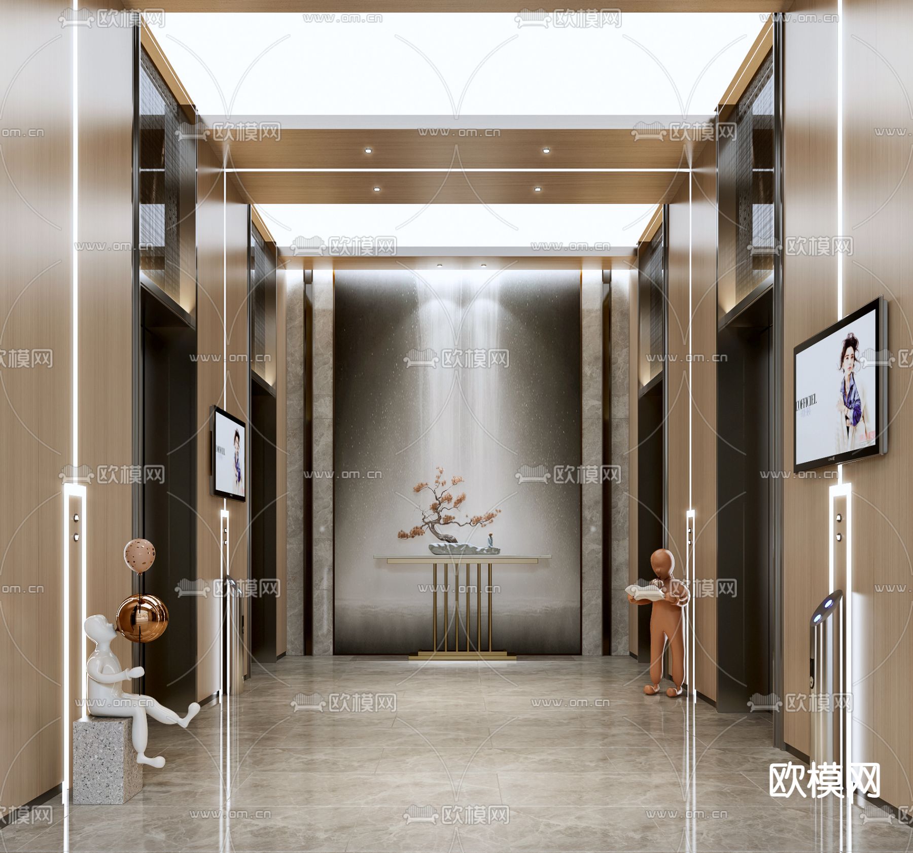 现代轻奢电梯厅3d模型下载（渲染图2）