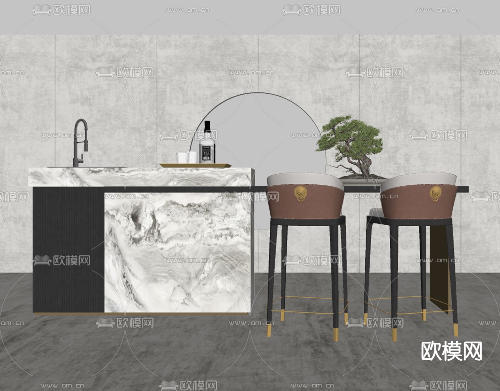 新中式中岛吧台su模型