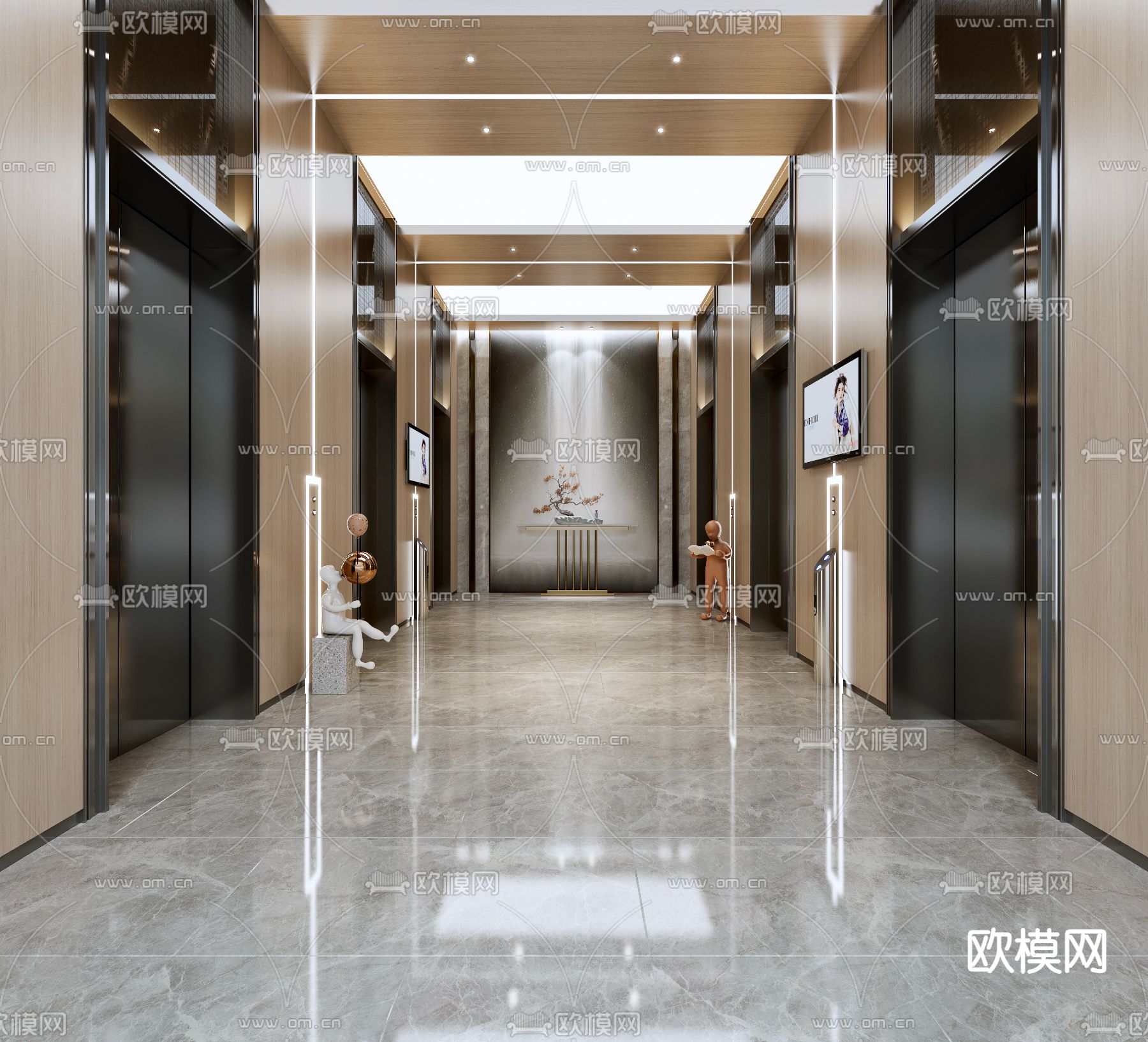 现代轻奢电梯厅3d模型下载（渲染图1）