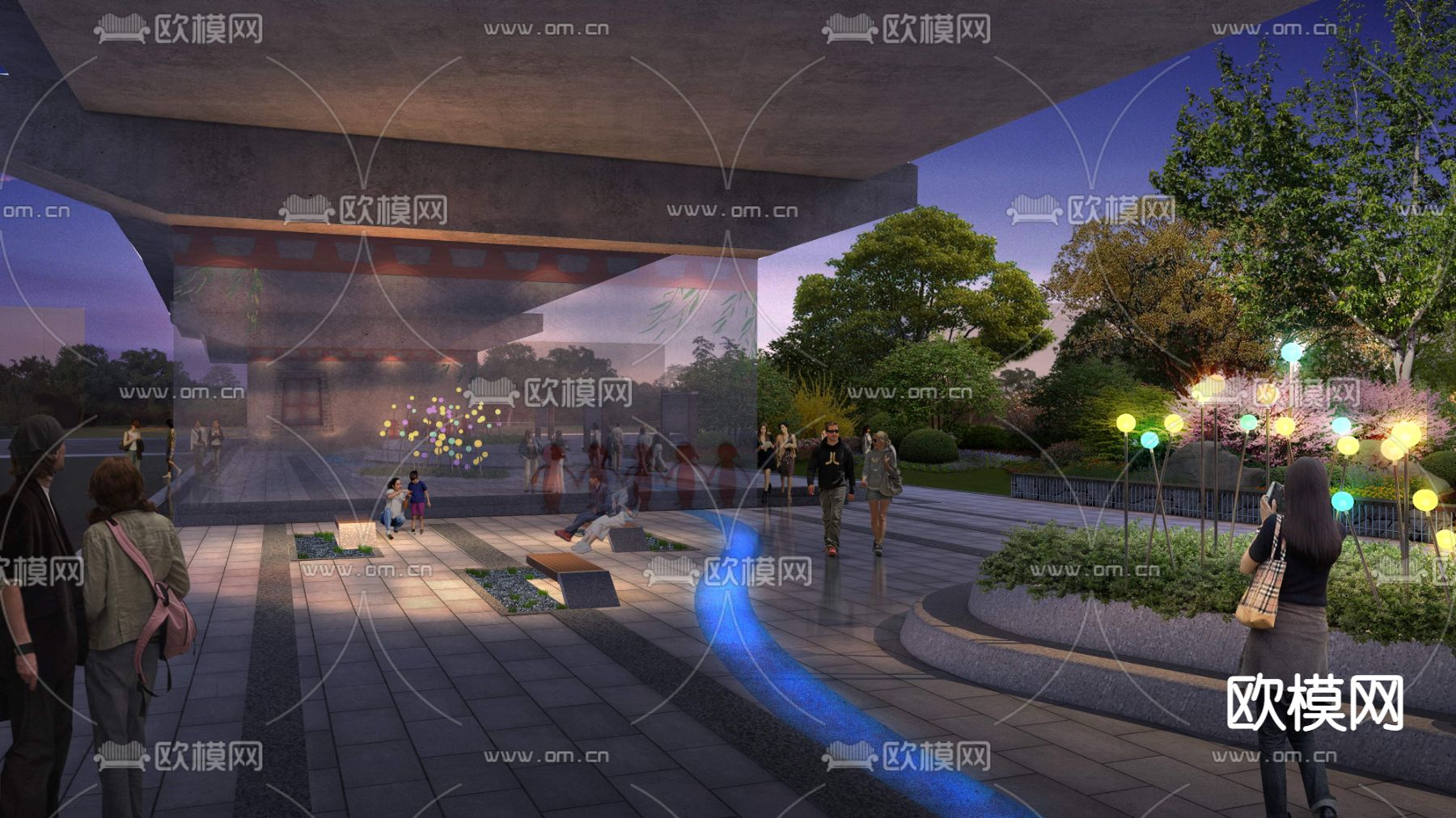 现代广场公园夜景景观psd下载