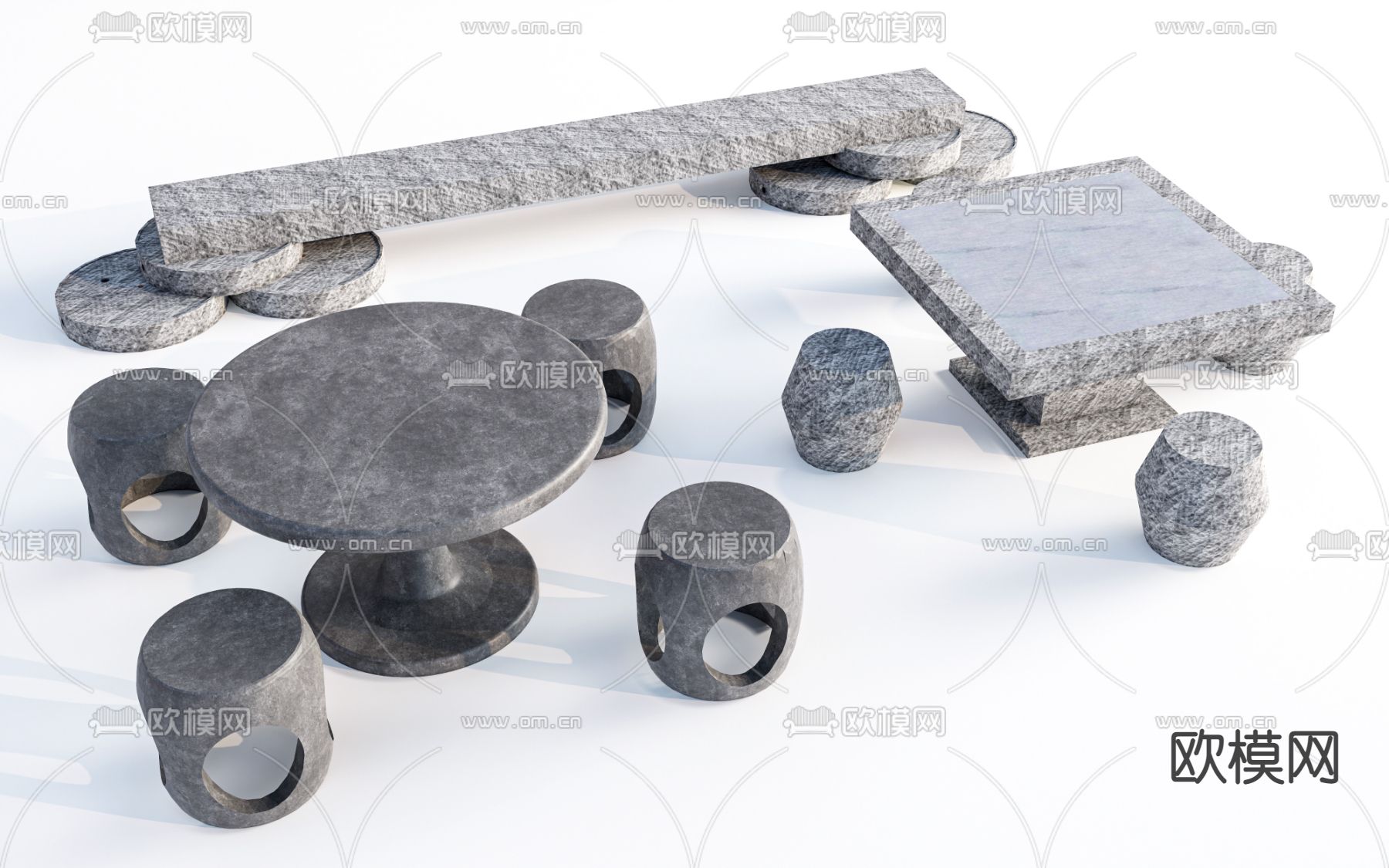 新中式户外石桌椅su模型下载（渲染图1）