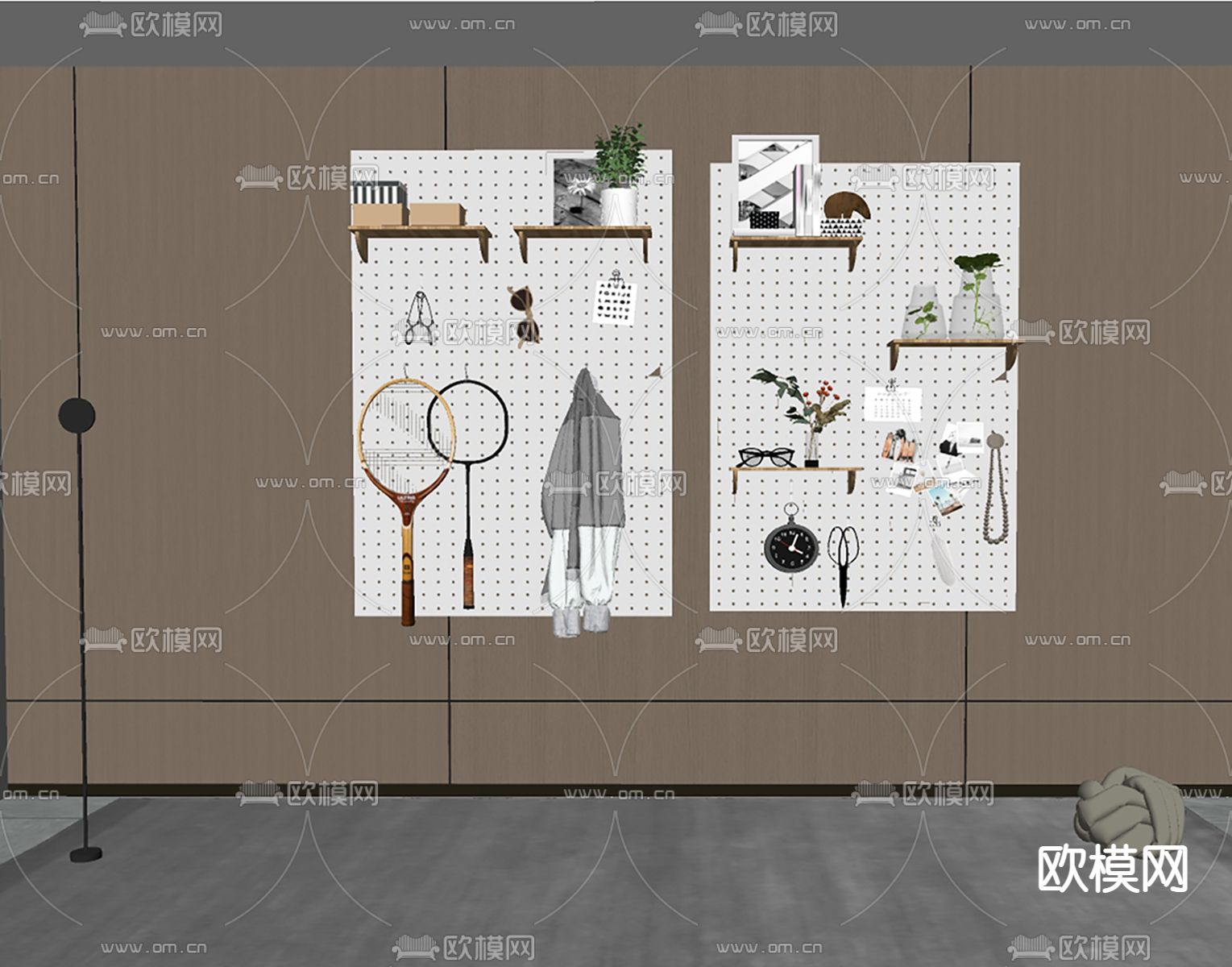 现代洞洞板置物架su模型下载（渲染图2）