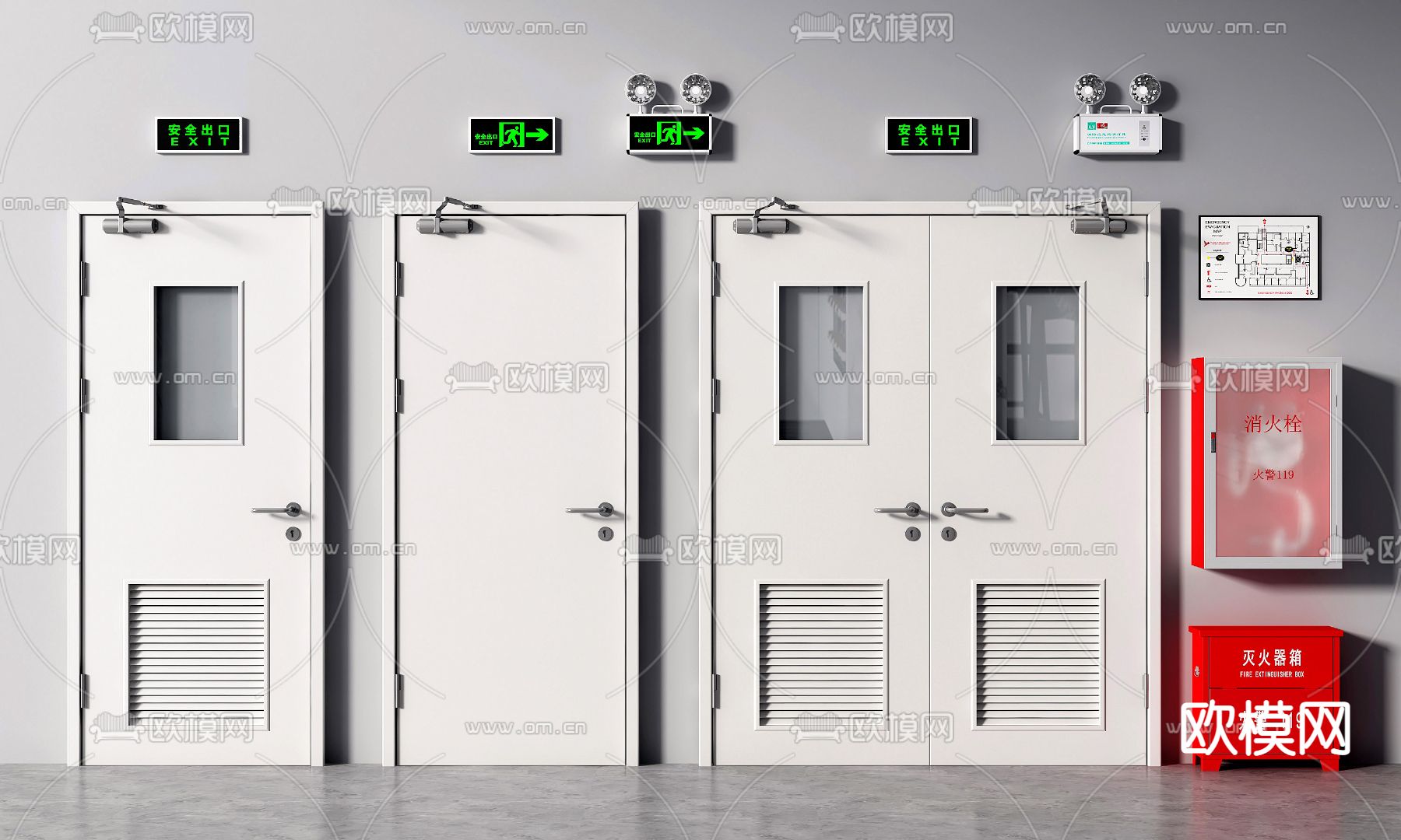 现代防火门消防栓安全出口3d模型下载