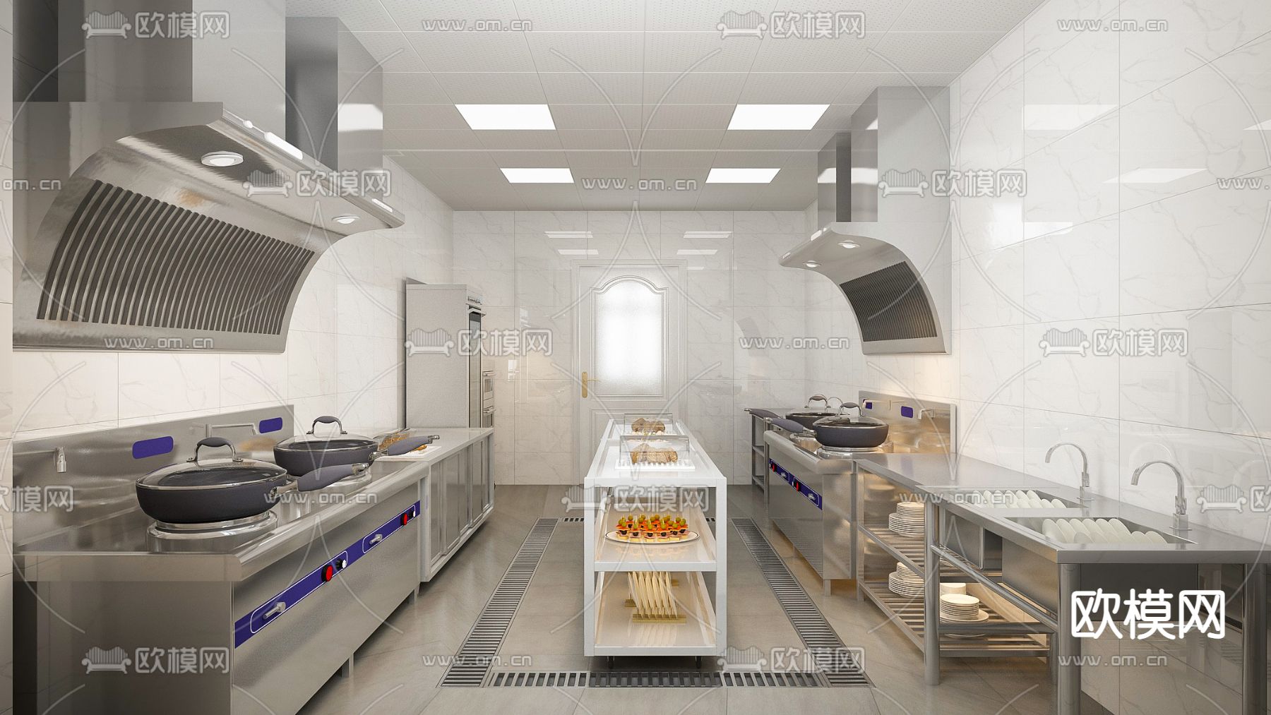 现代酒店中央厨房后厨3d模型下载（渲染图1）
