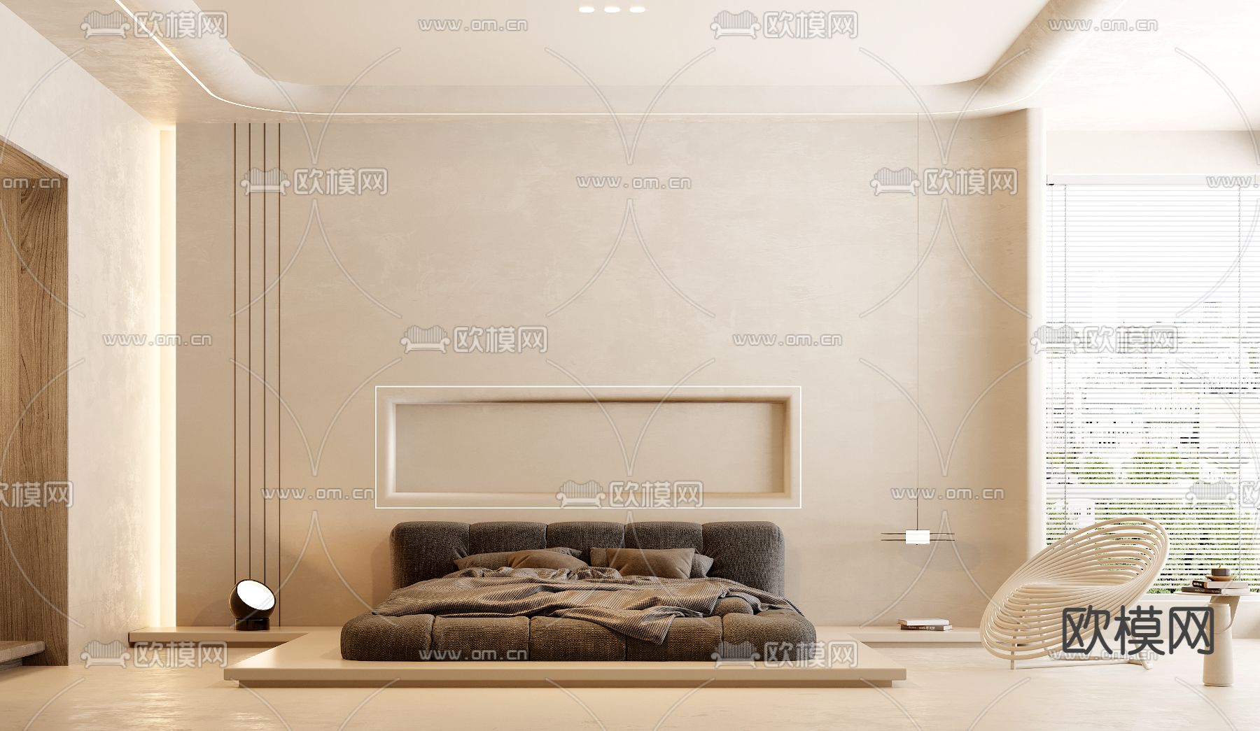 现代极简卧室su模型下载（渲染图1）