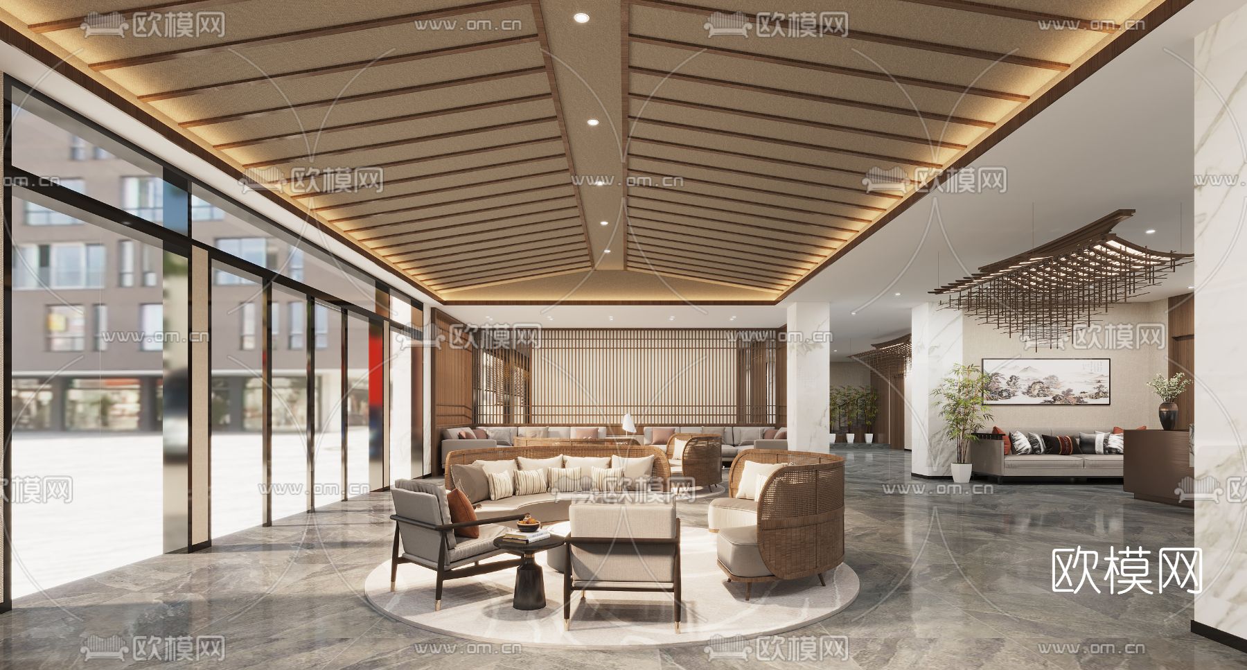 新中式轻奢酒店大堂3d模型下载（渲染图2）