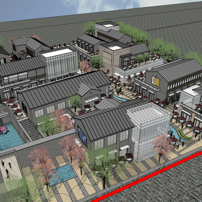  新中式商业街步行街su模型 