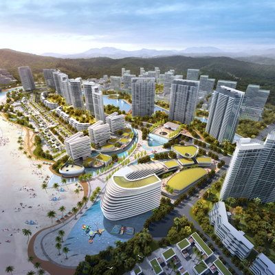  现代海边度假酒店鸟瞰规划su模型 