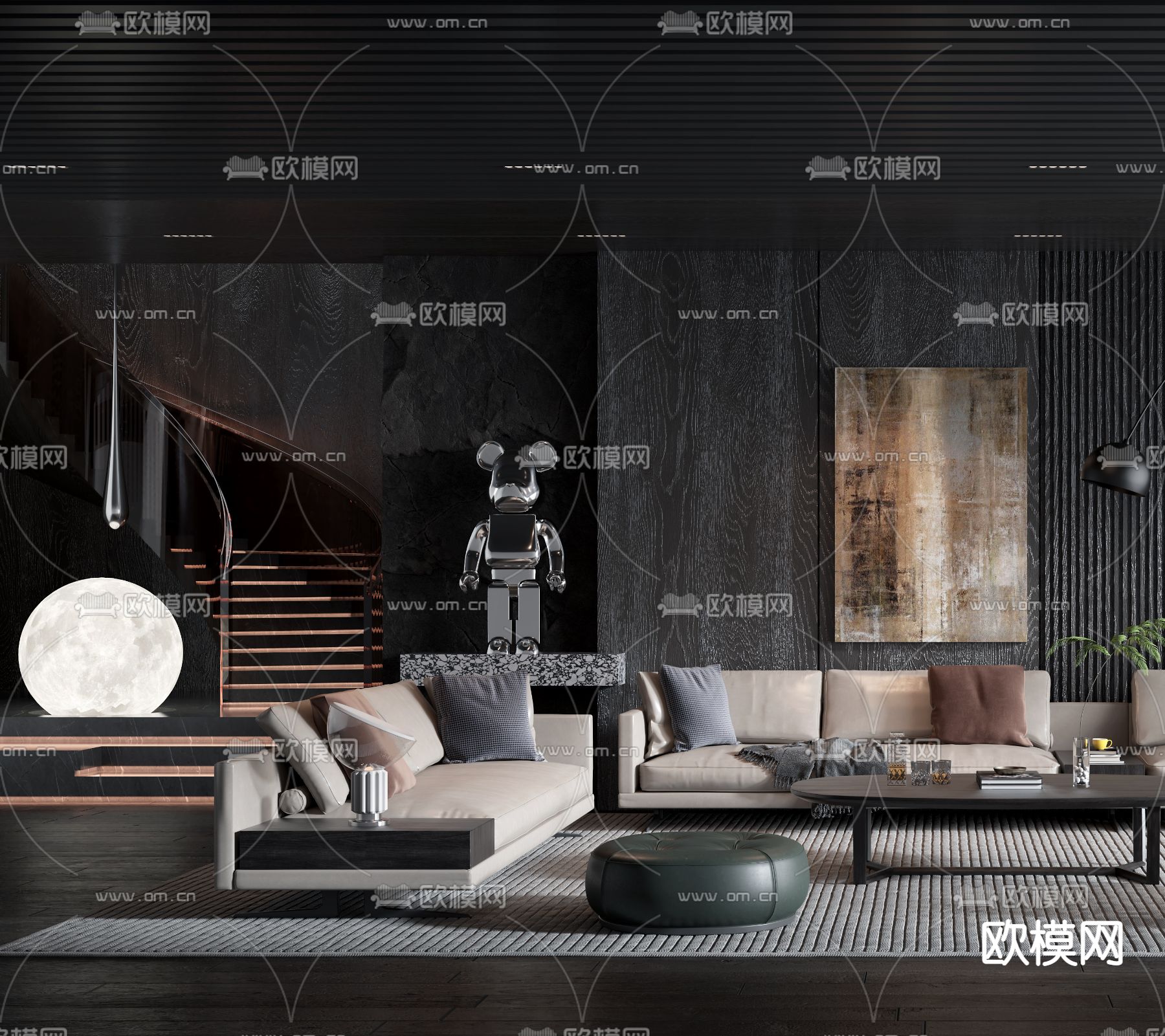 现代高级灰客厅3d模型下载（渲染图3）