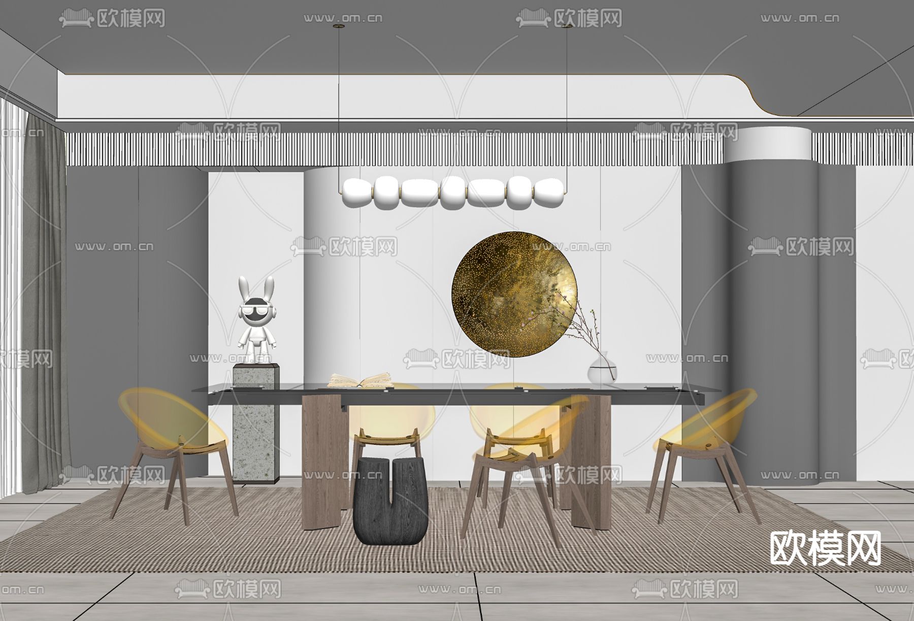 现代长条形餐桌椅su模型下载（渲染图2）
