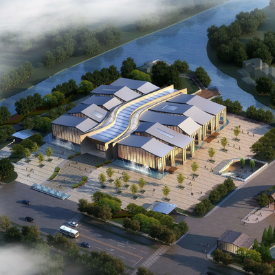  现代游客中心建筑外观鸟瞰su模型 