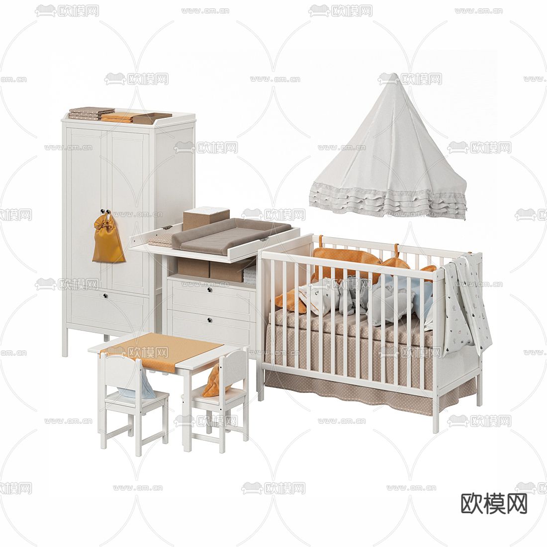 现代儿童桌椅婴儿床su模型下载（渲染图1）