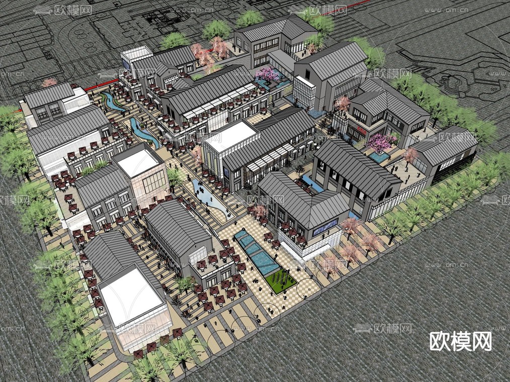 新中式商业街步行街su模型下载_ID12099417_sketchup模型下载-欧模网
