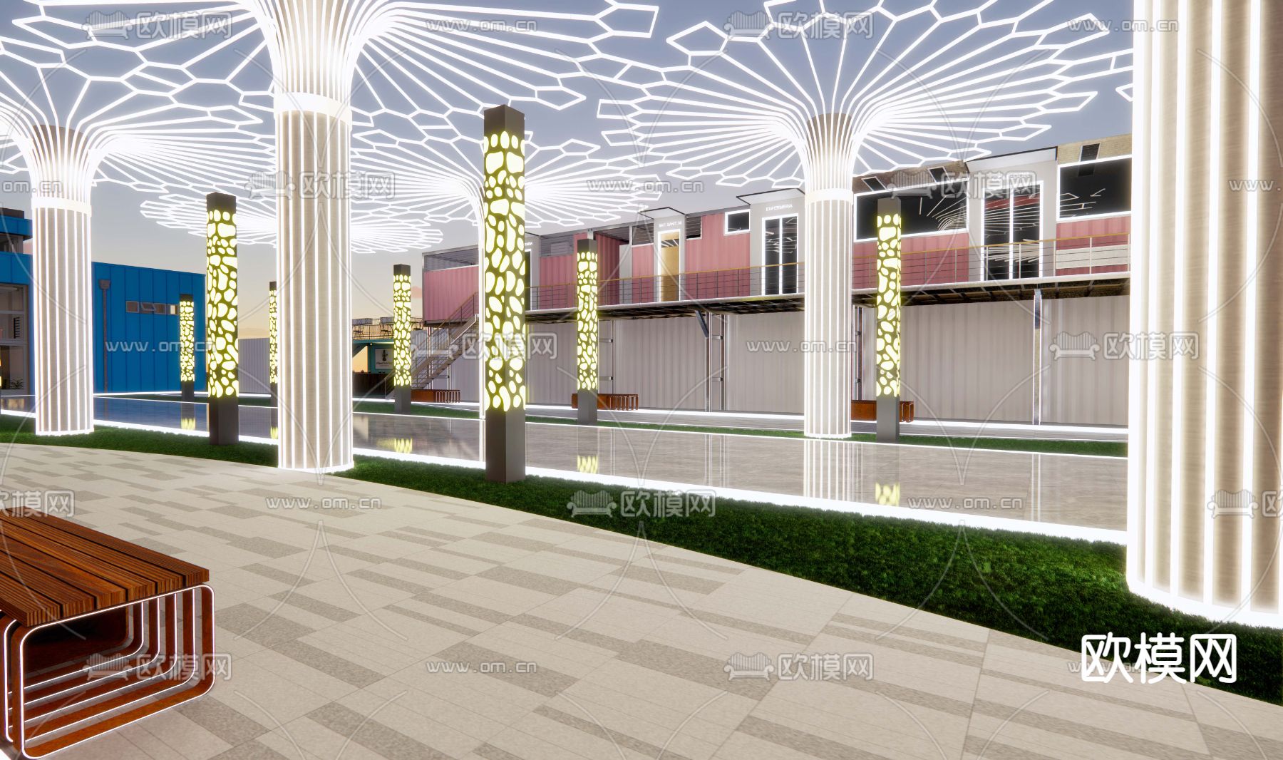 现代商业街su模型下载（渲染图2）