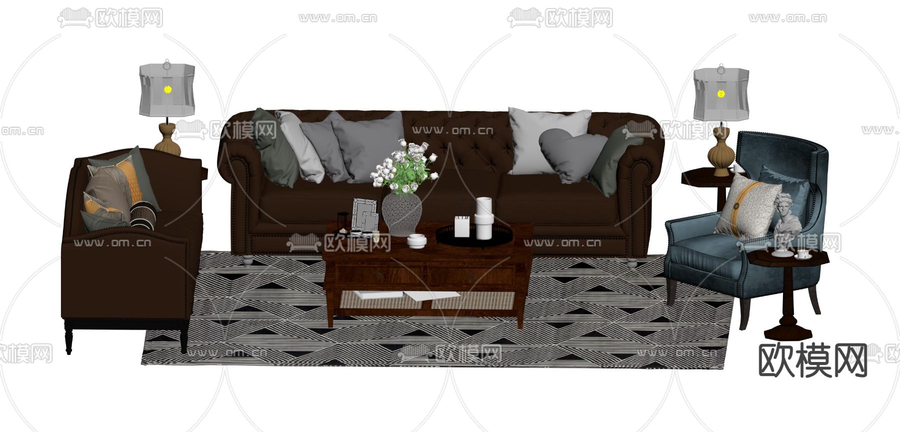 美式复古组合沙发su模型下载（渲染图2）