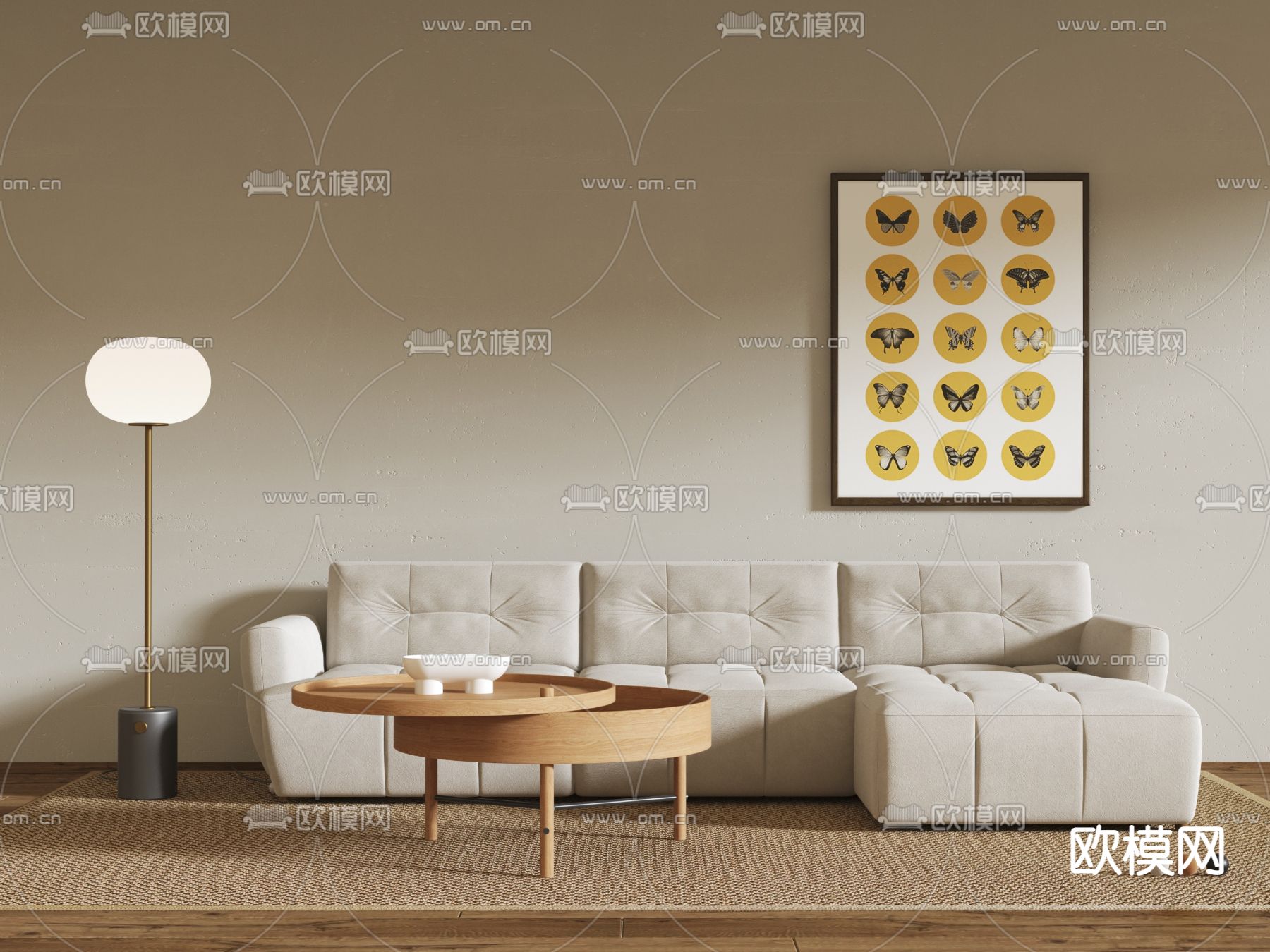 现代白色转角沙发茶几组合su模型下载（渲染图2）