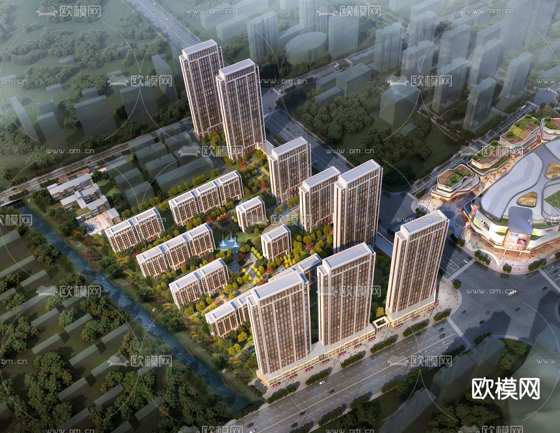 现代住宅小区建筑外观鸟瞰su模型下载（渲染图1）