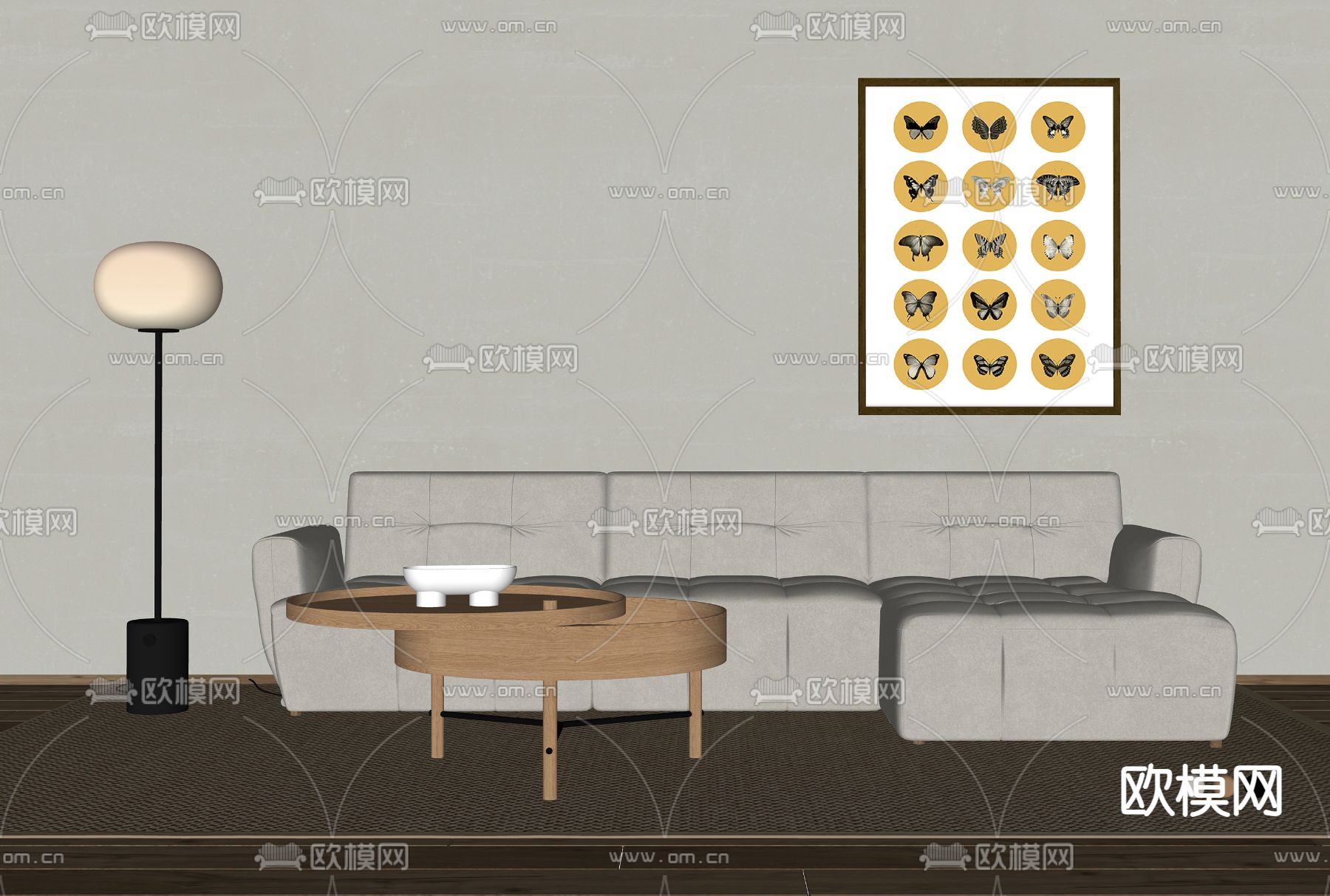 现代白色转角沙发茶几组合su模型下载（渲染图1）