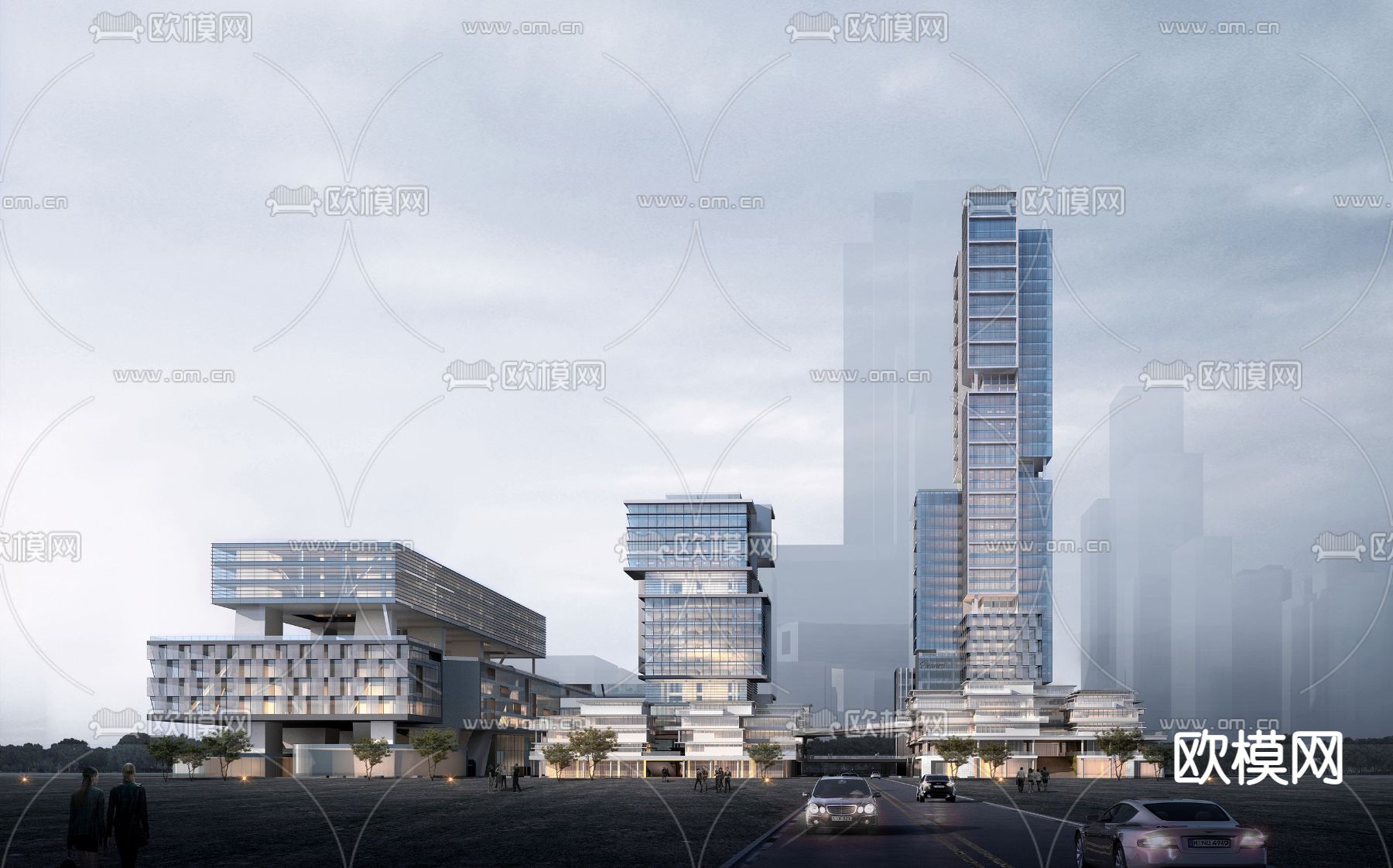 现代高层办公楼建筑外观鸟瞰su模型