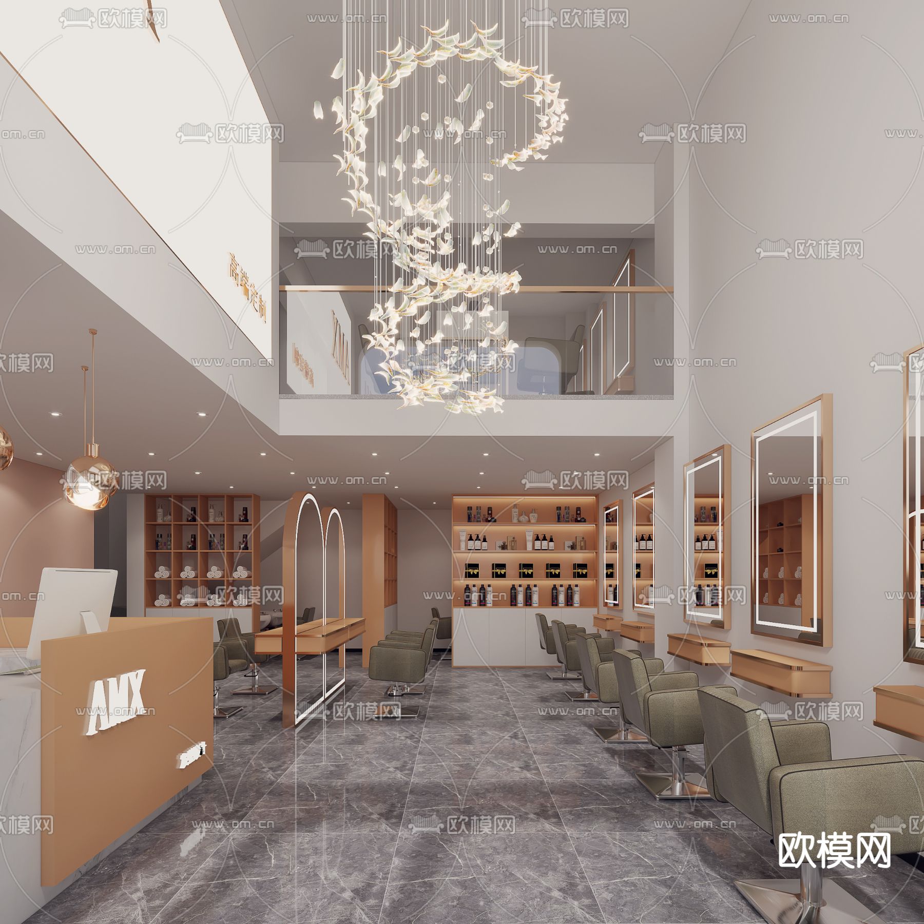 现代奶油风理发店3d模型下载（渲染图2）