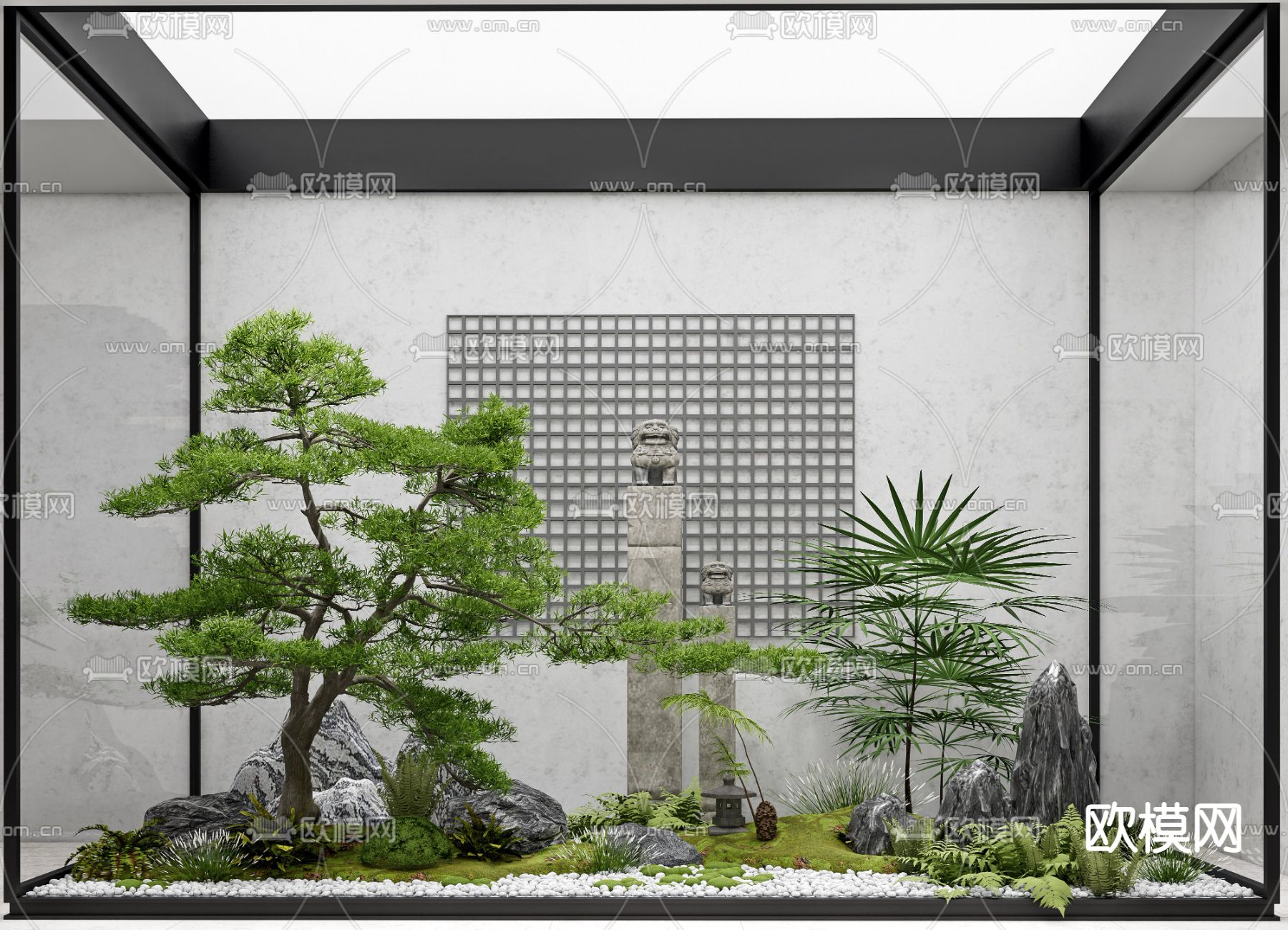 新中式枯山水庭院小品su模型下载（渲染图1）