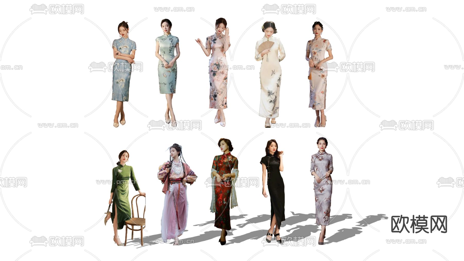 现代2D旗袍女人su模型下载