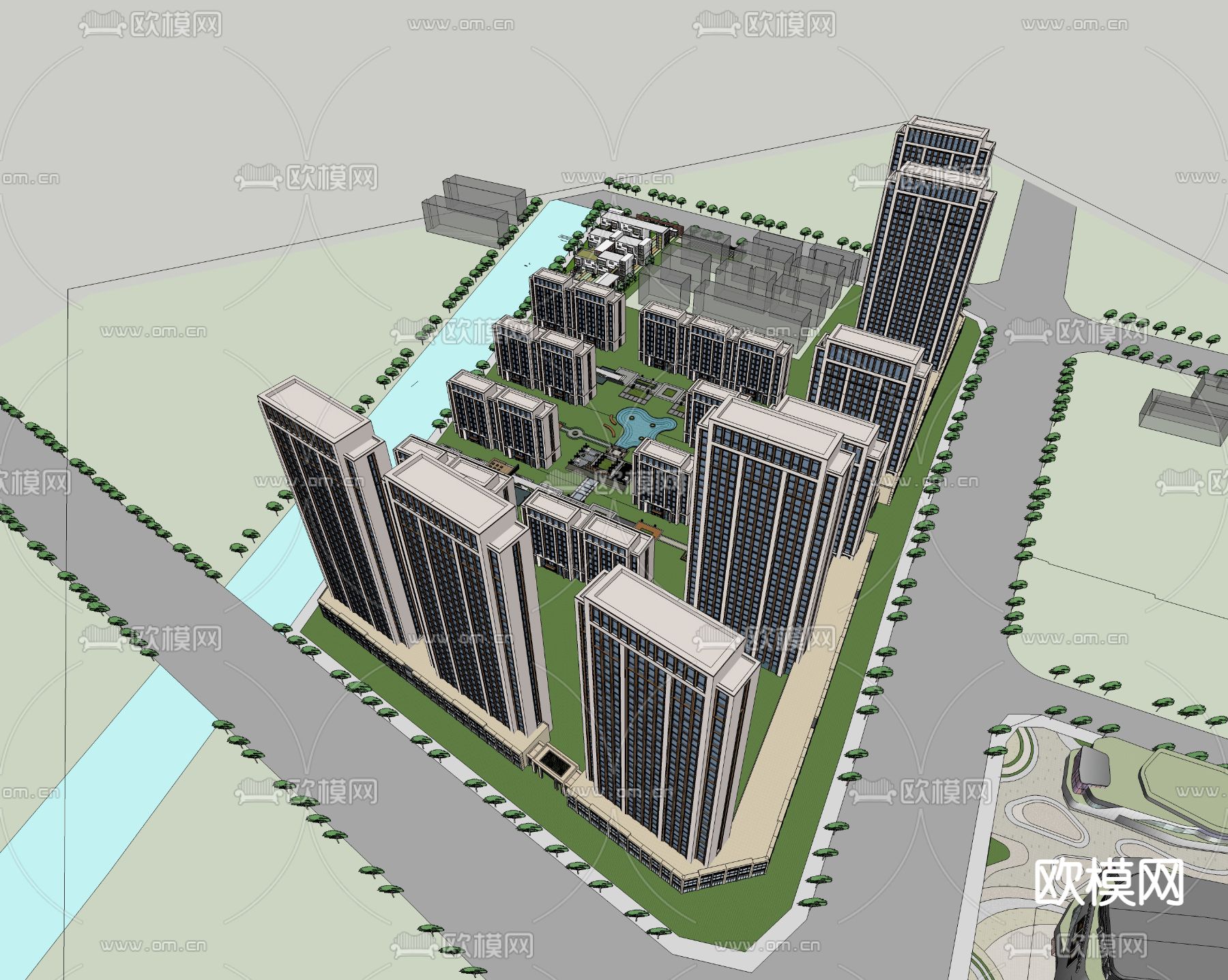 现代住宅小区建筑外观鸟瞰su模型下载（渲染图3）