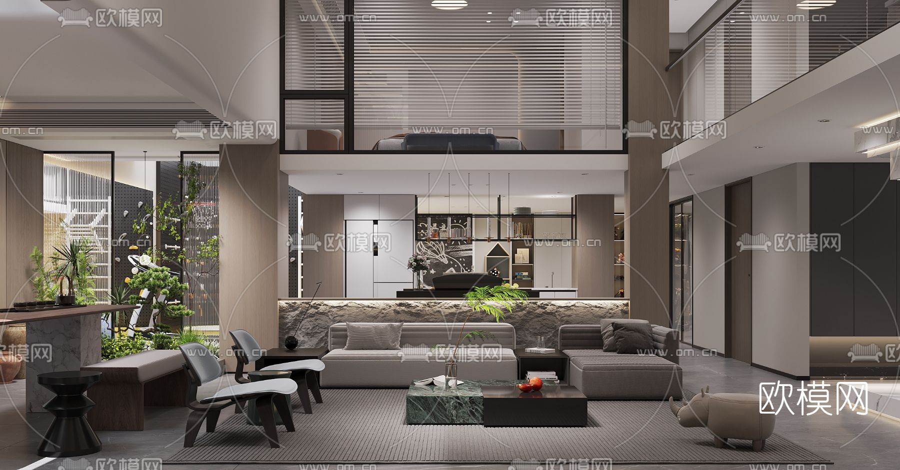 现代别墅客厅餐厅3d模型下载（渲染图1）