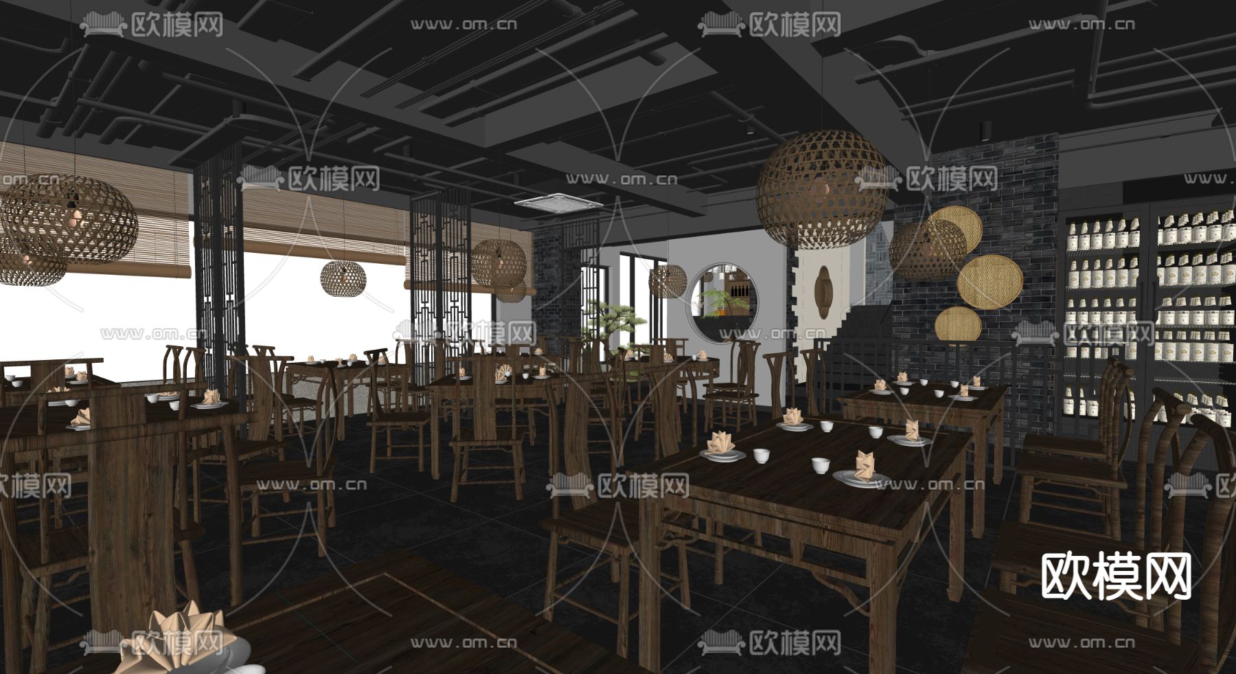 新中式中餐厅su模型下载（渲染图3）
