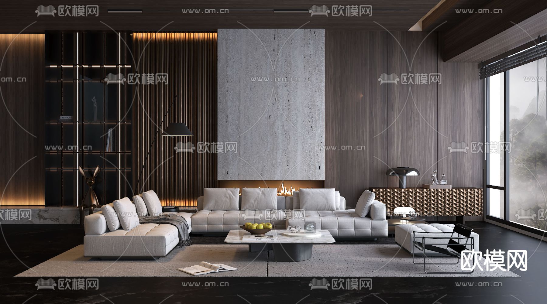 现代风暗黑风客厅3d模型下载