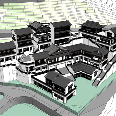  中式民宿酒店鸟瞰su模型 