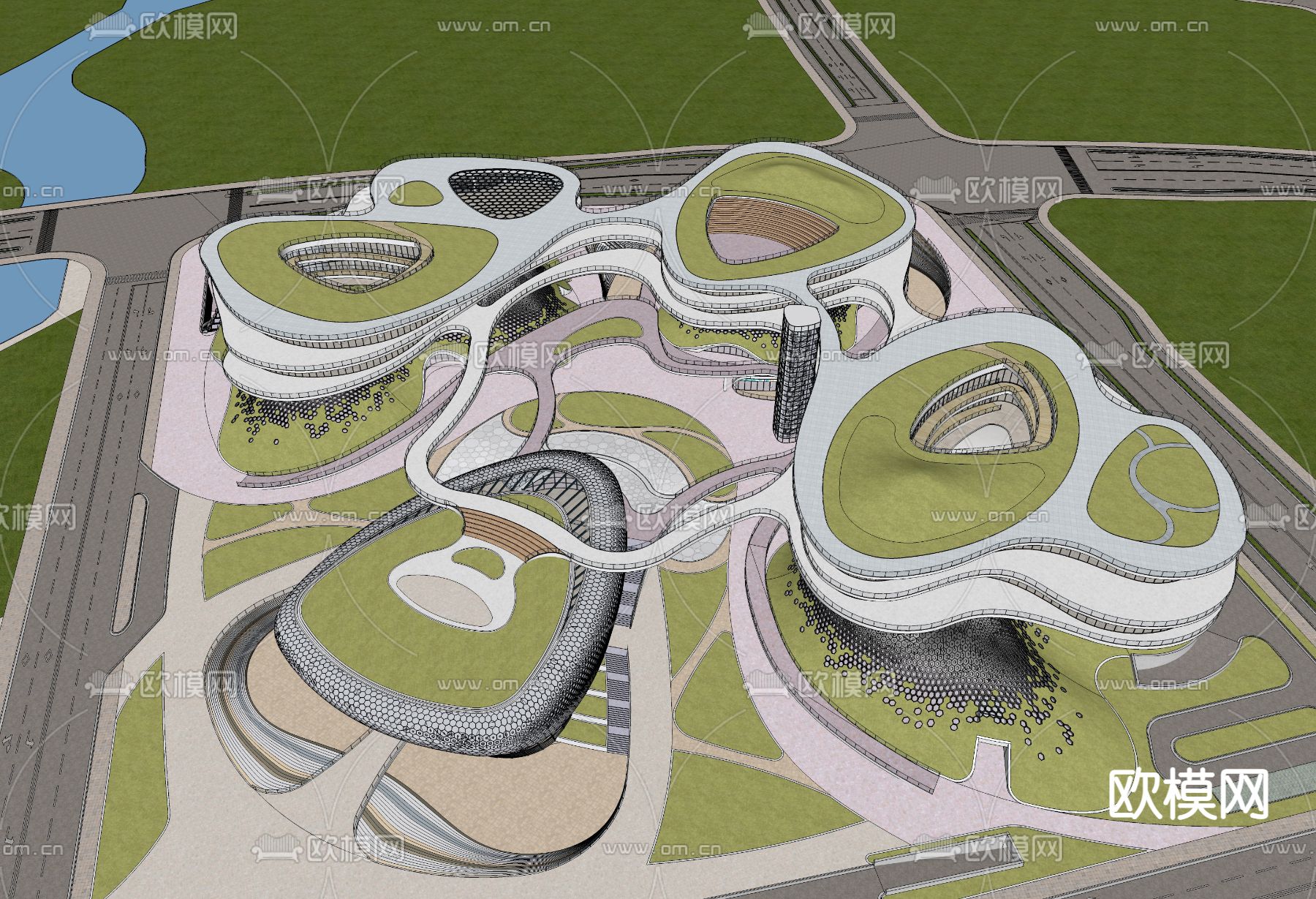 现代城市文化中心鸟瞰su模型下载（渲染图2）