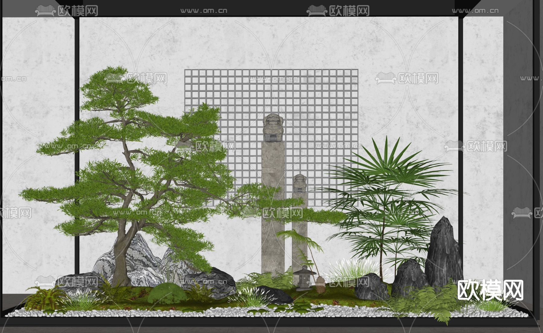 新中式枯山水庭院小品su模型下载（渲染图2）