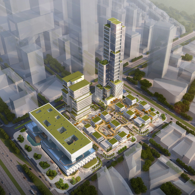  现代高层办公楼建筑外观鸟瞰su模型 