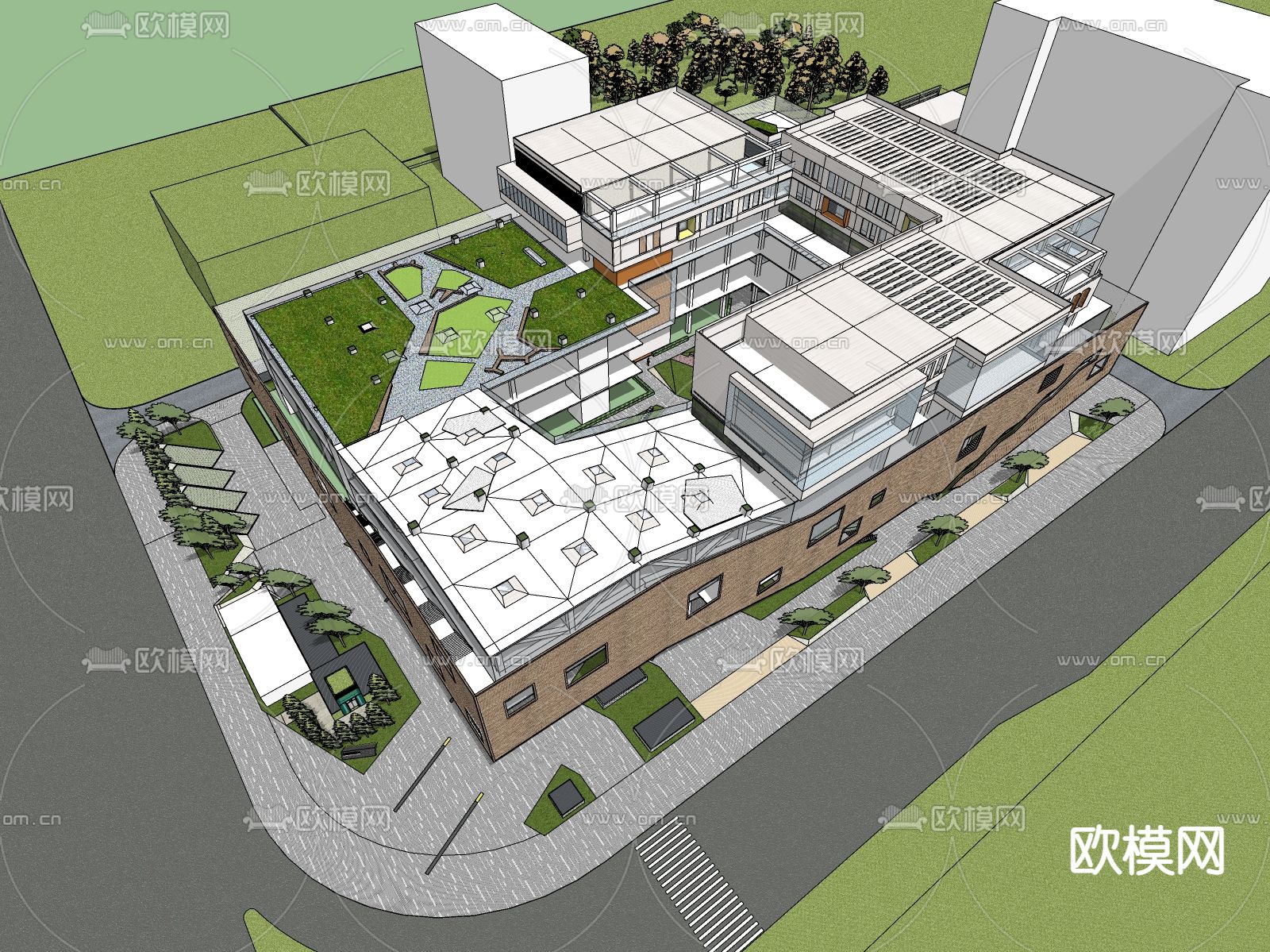 现代科技文化馆产业园鸟瞰su模型下载（渲染图1）