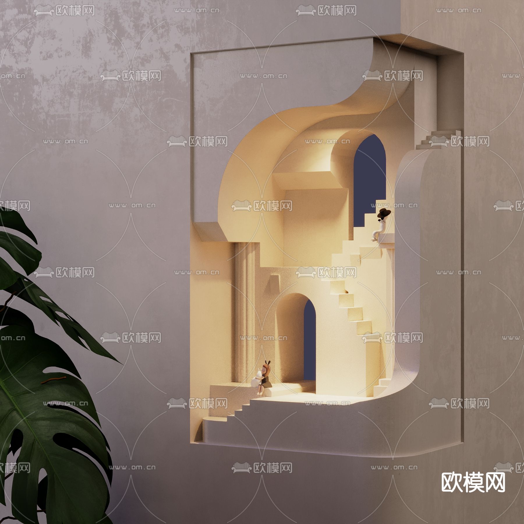 欧式楼宇墙角石膏壁灯3d模型下载（渲染图1）