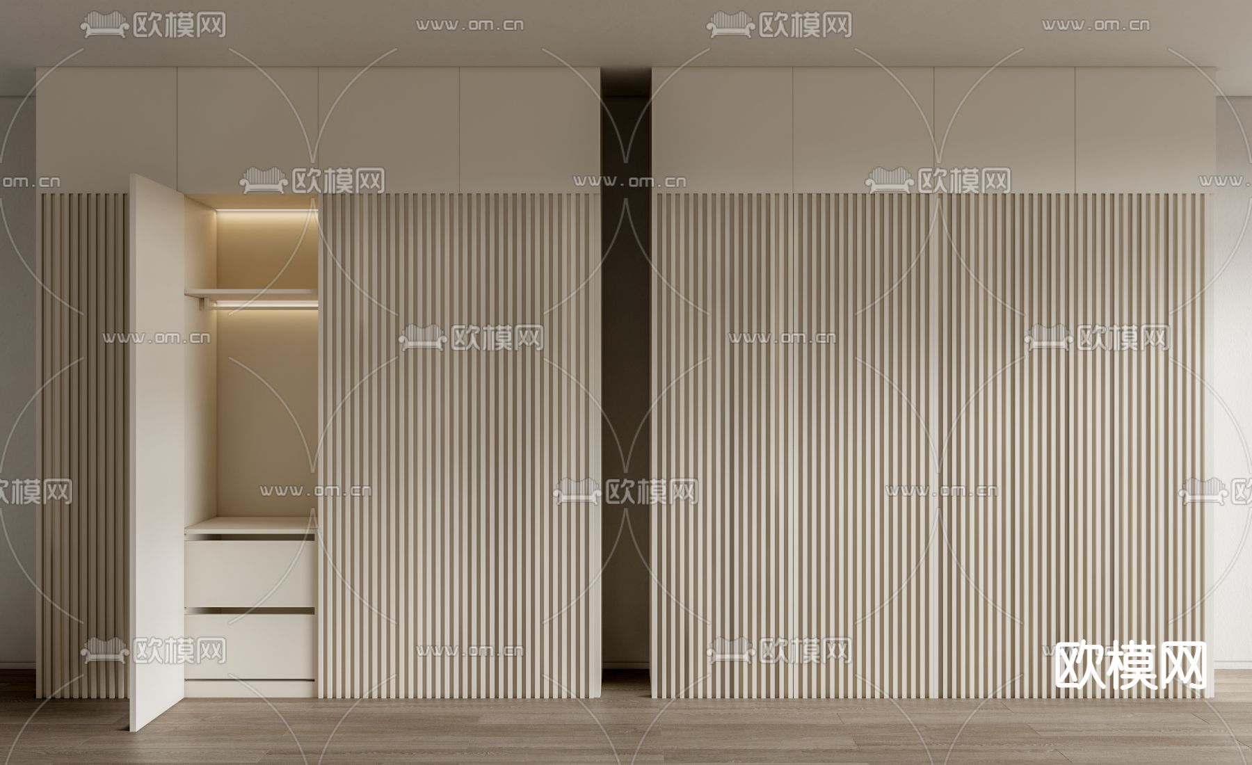 奶油风栅格板衣柜su模型下载（渲染图1）