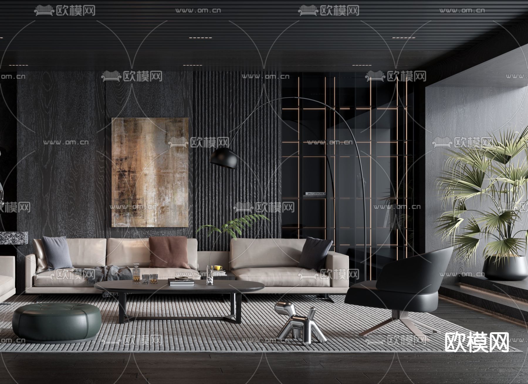 现代高级灰客厅3d模型下载（渲染图2）